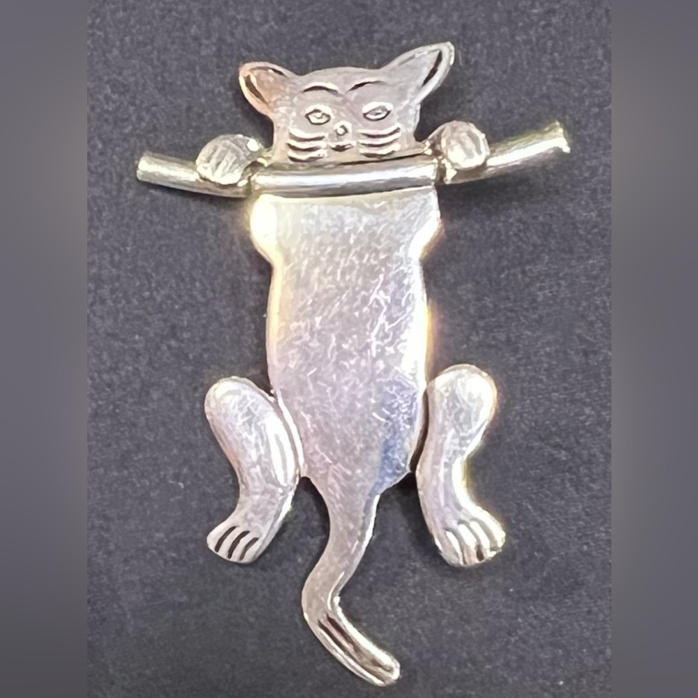 Vintage Cat Kitty Hanging from a Branch Silver Plated Brooch / Pin